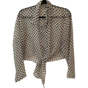 Gemma USA Sheer Top Blouse Polka‎ Dot White Black Womens Front Tie Cropped 90s M